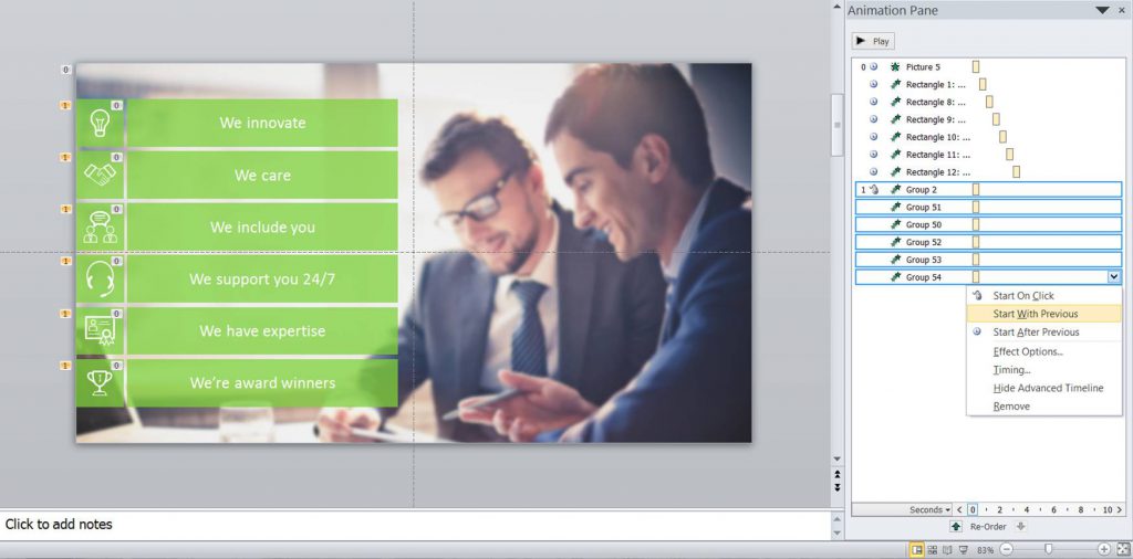 Screenshot of PowerPoint with the 'start with previous' option on the animation pane highlighted