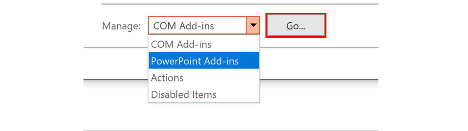 Screenshot of managing PowerPoint add-ins