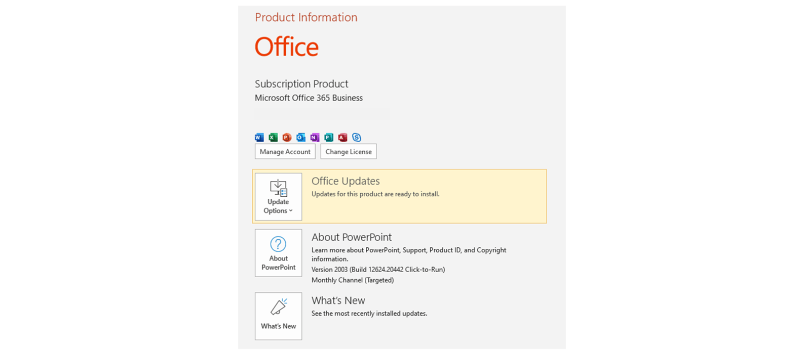 Screenshot showing Office Updates button