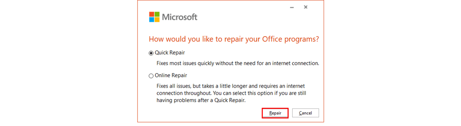 Microsoft Office repair pop-up