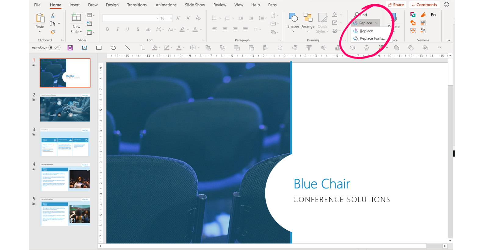 PowerPoint replace fonts location screenshot