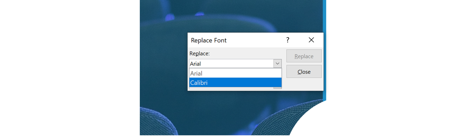 Replace fonts dropdown menu screenshot