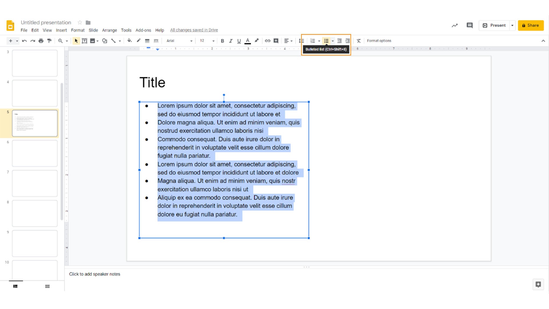 How to format text in Google Slides click Bulleted List