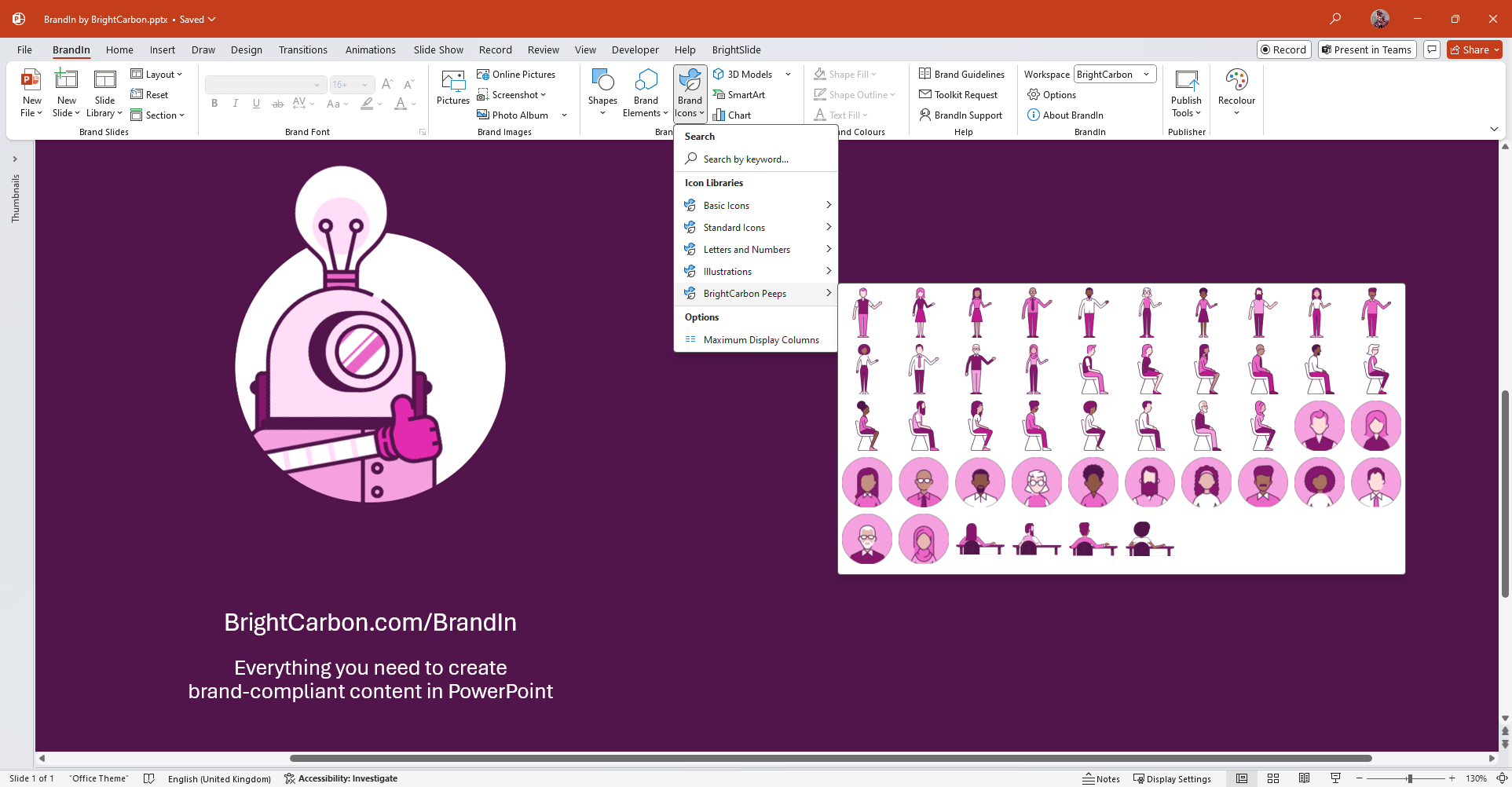 Screenshot of BrandIn in PowerPoint with BrightCarbon workspace example