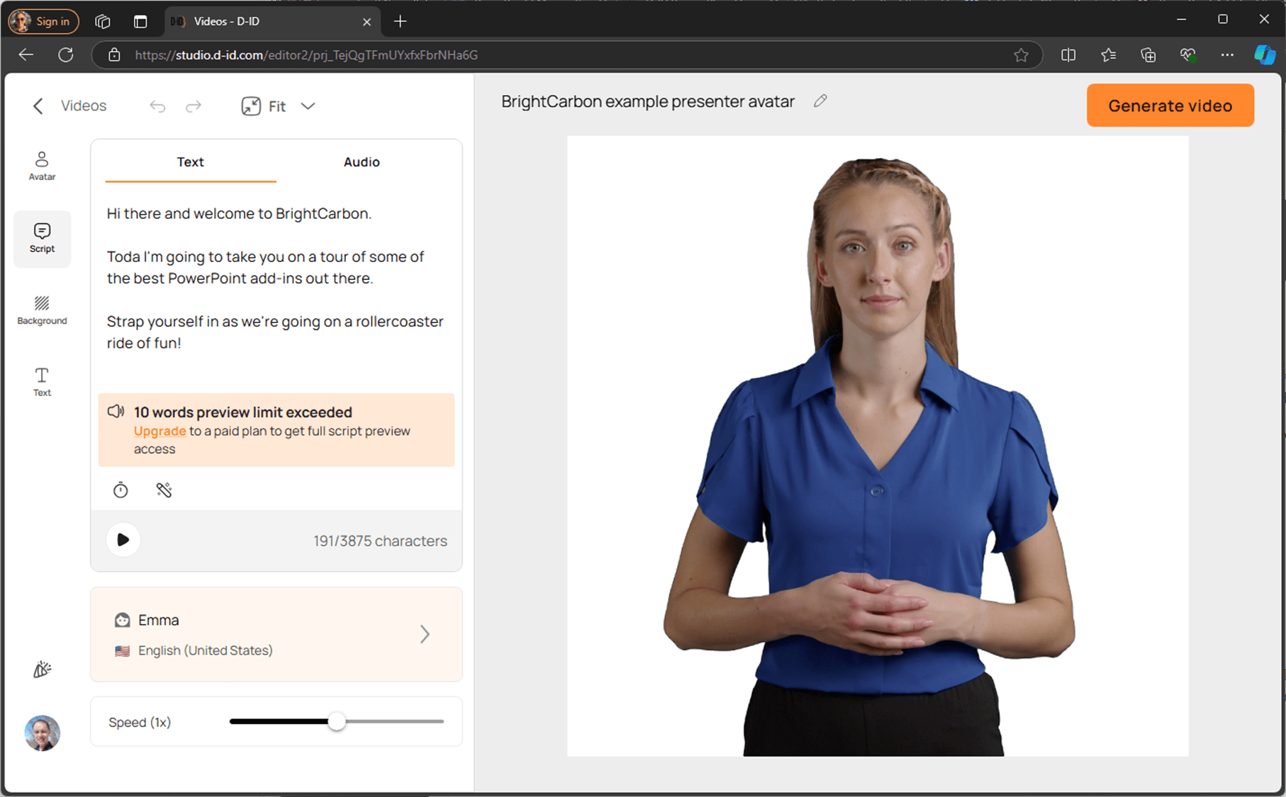 D-iD example AI-generated presenter avatar