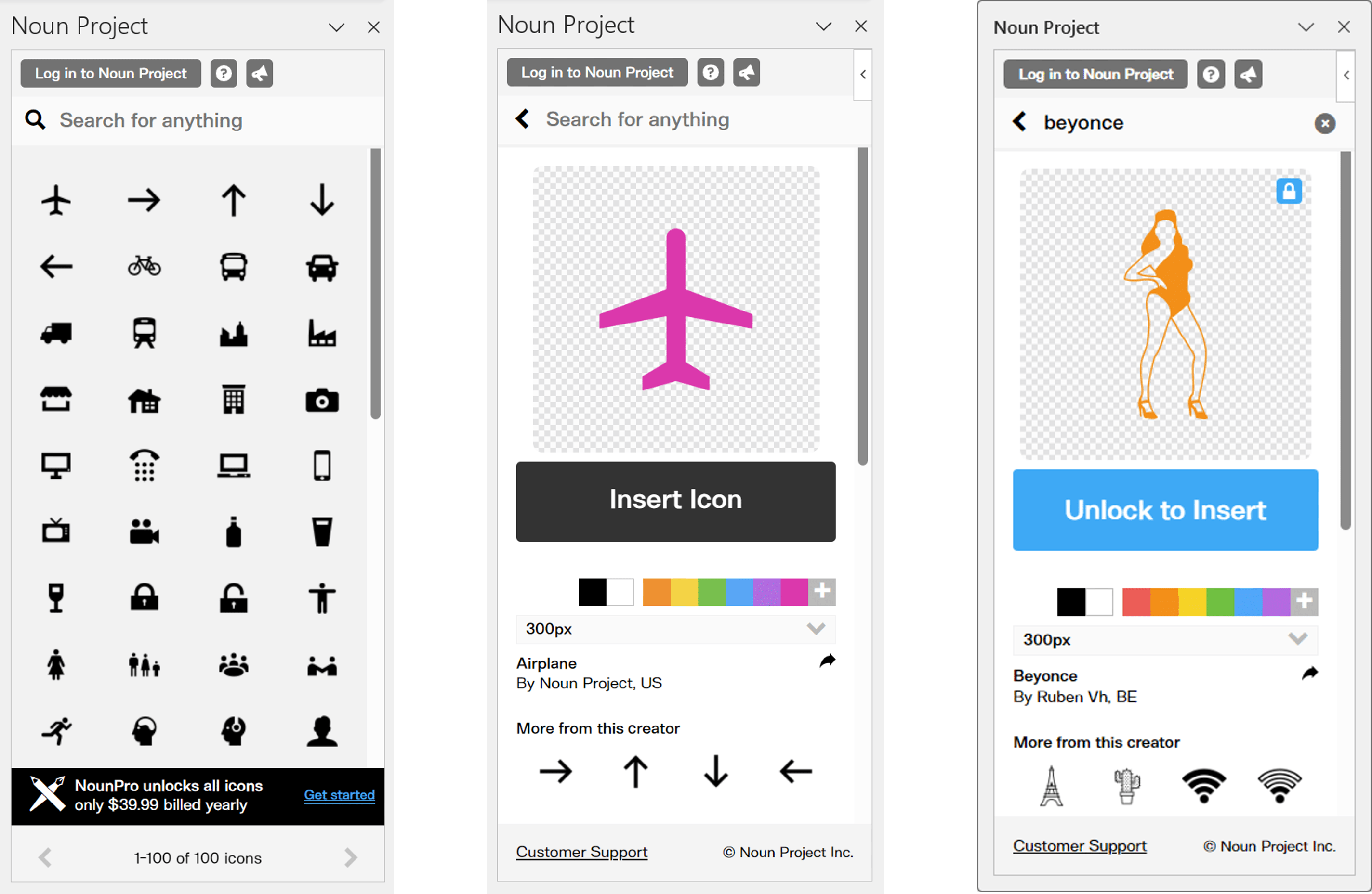 Screenshots of The Noun Project add-in within PowerPoint