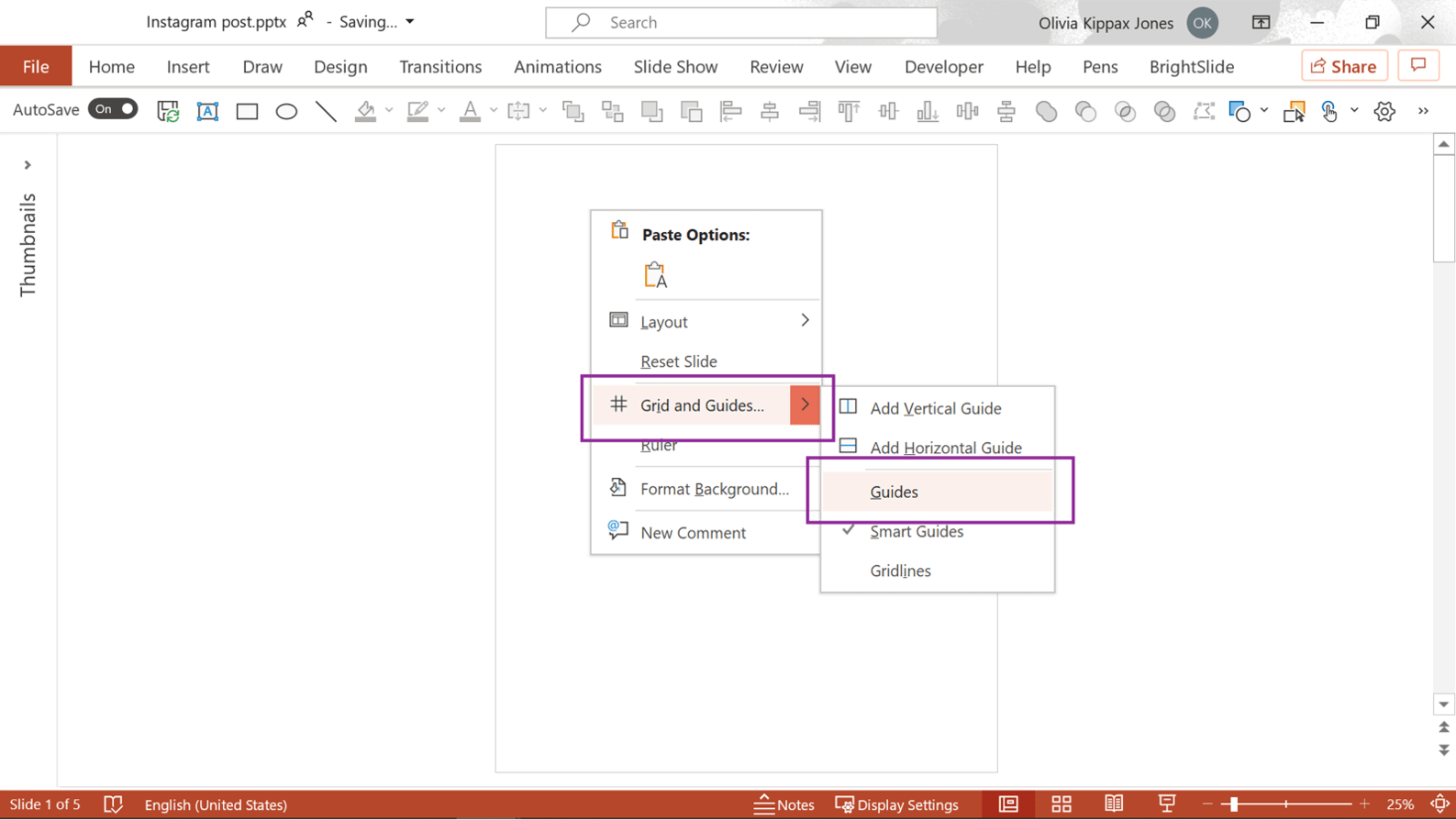 Screenshot of PowerPoint showing how to turn the Guides on.