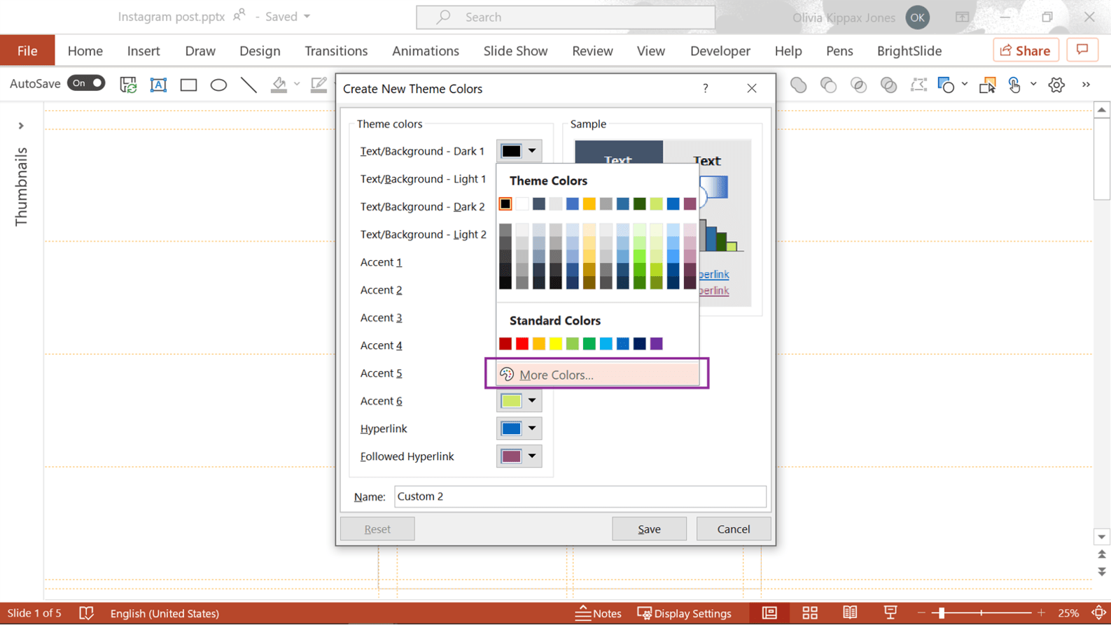 Screenshot of PowerPoint showing how to add custom colors to new theme. 