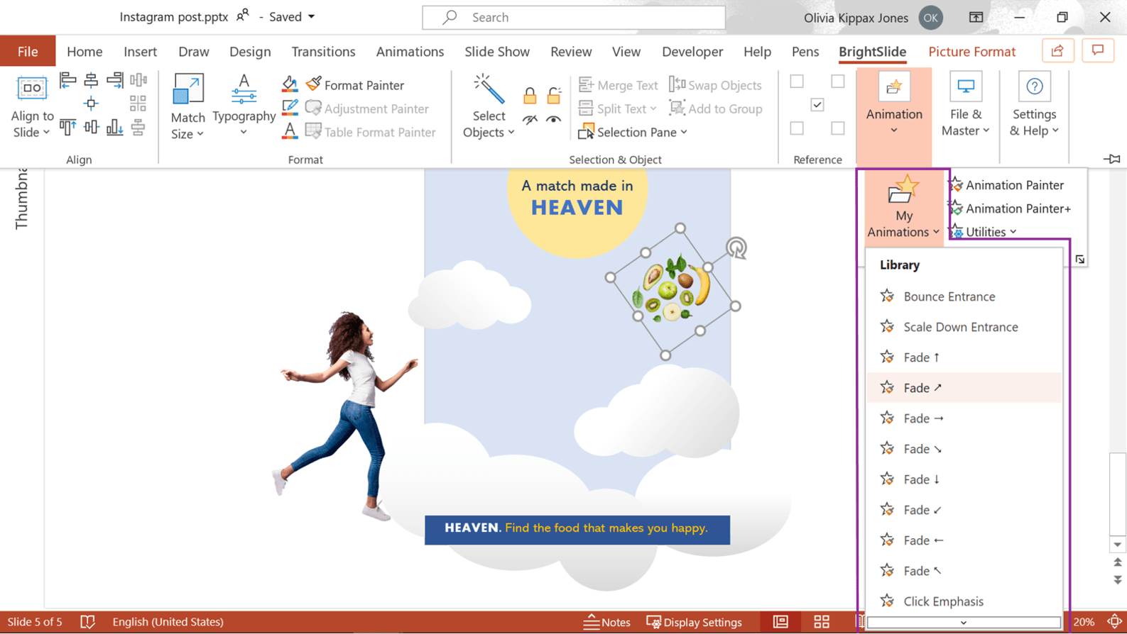 Screenshot of PowerPoint showing where to find the BrightSlide Animation Library. 