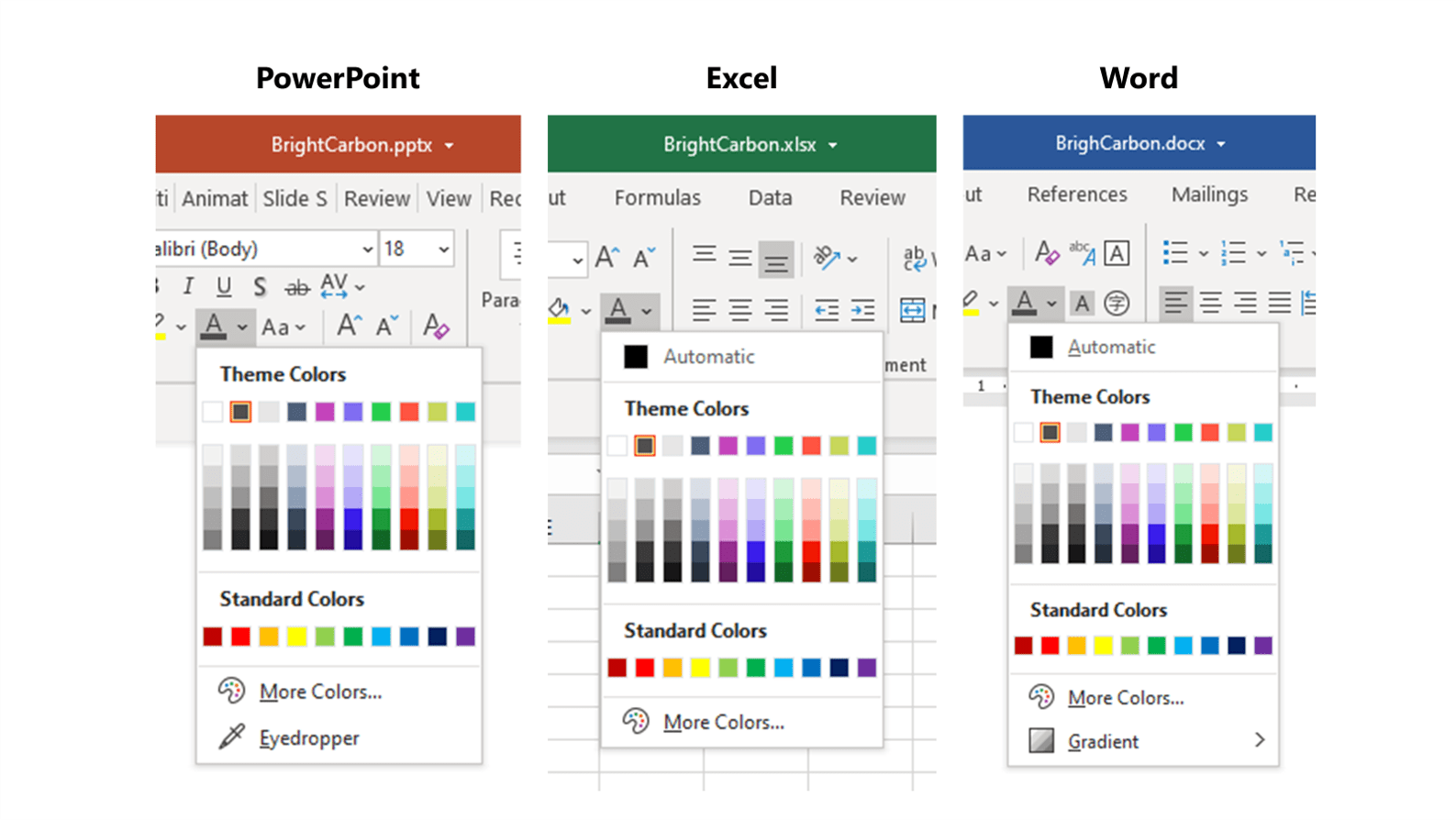 screenshot of the Office Theme Colors dropdown in PowerPoint, Word and Excel
