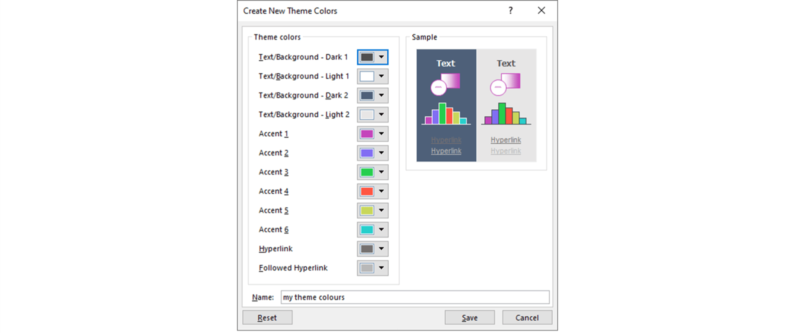 Screenshot of the Create New Theme Colors pop up window in PowerPoint