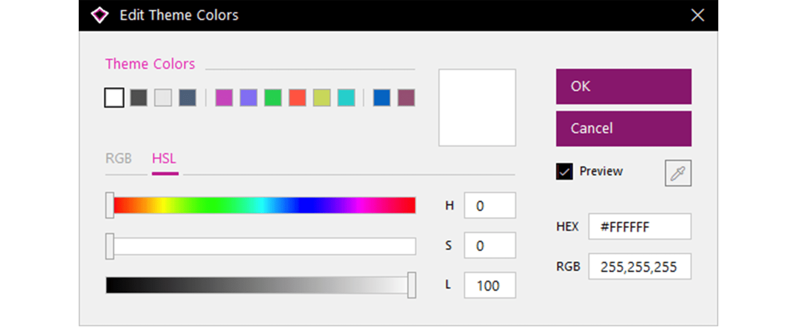 Screenshot of the Edit Theme Colors pop up window from our PowerPoint add-in BrightSlide