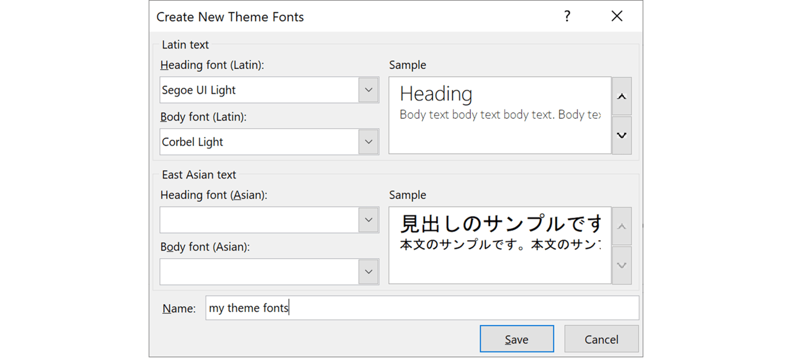 Screenshot of the Create New Theme Fonts pop up window in PowerPoint showing two languages 