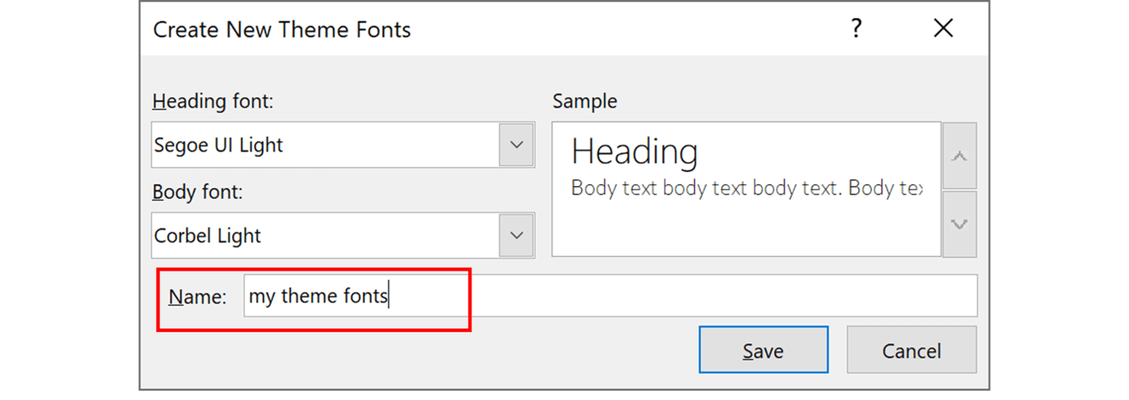 Screenshot showing the Create New theme Fonts pop up window in PowerPoint with the Name section highlighted