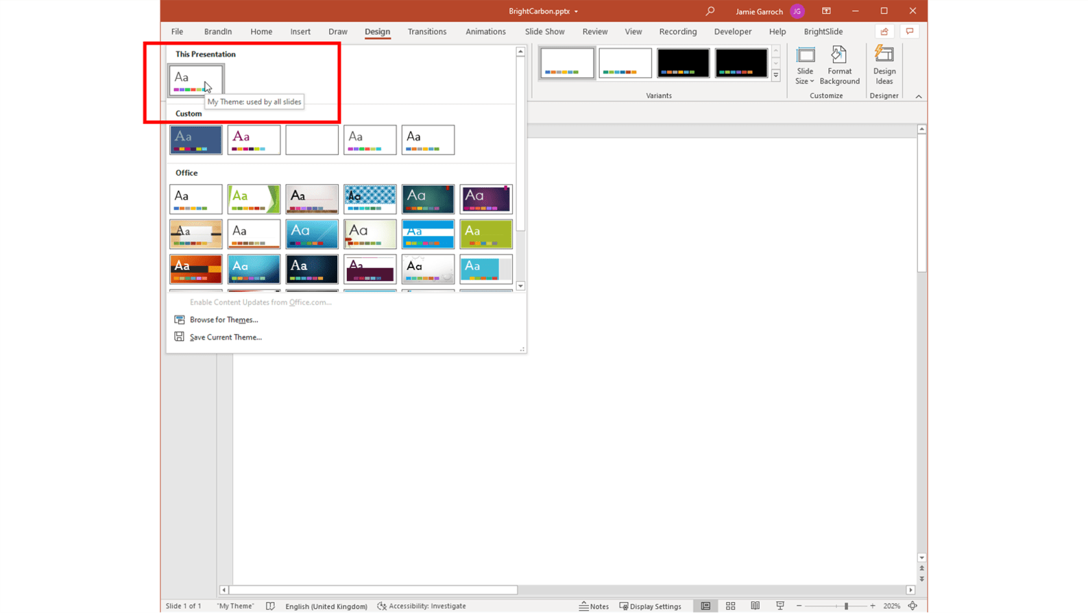 Screenshot showing where to locate your Office theme in PowerPoint