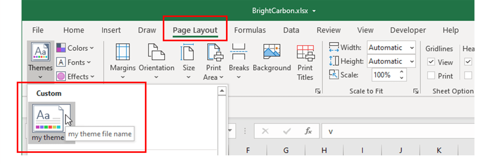 Screenshot showing where to locate a custom Office theme in Excel