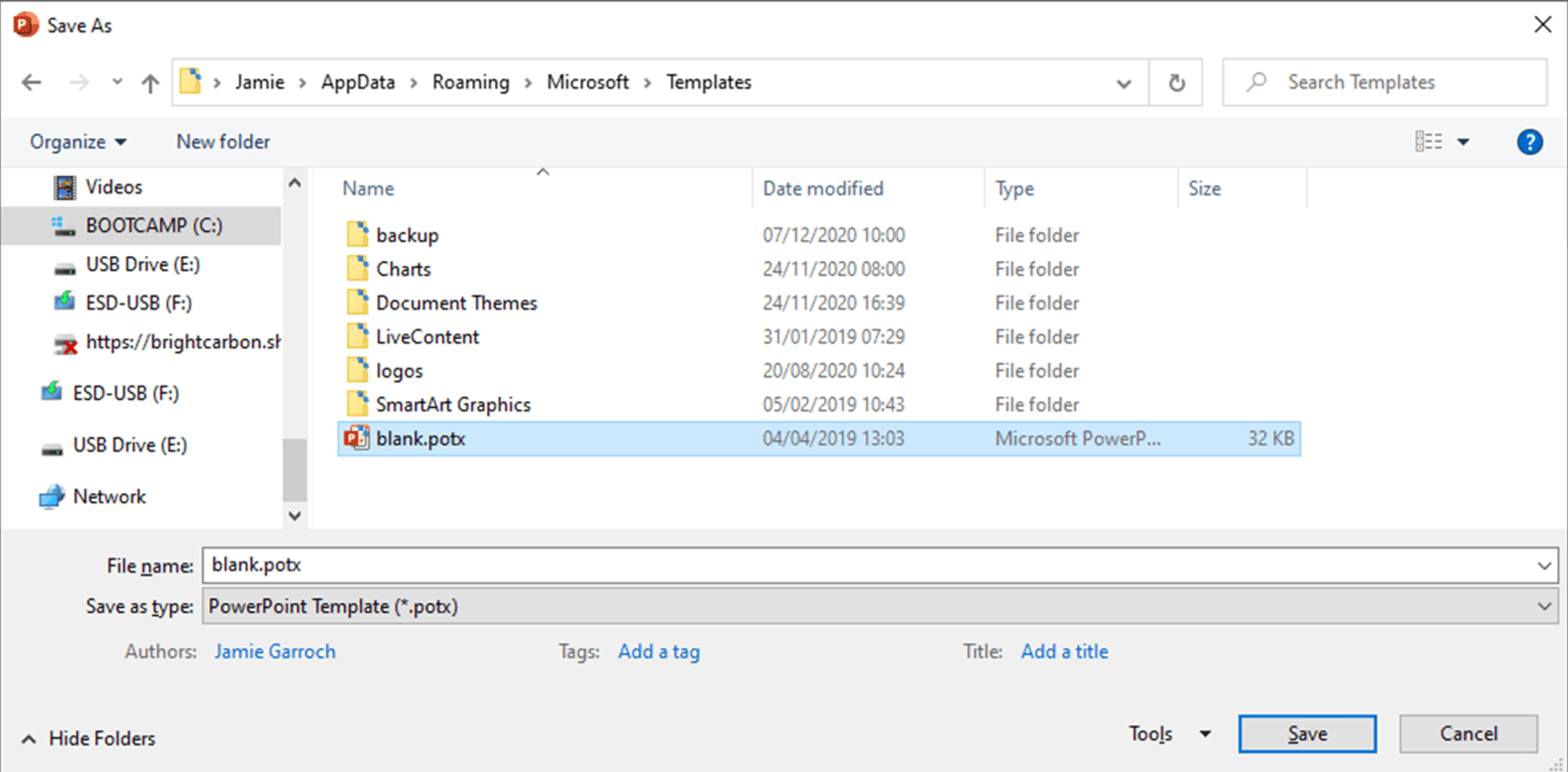 Screenshot showing PowerPoint templates in the File Explorer with the default Office theme blank.potx highlighted