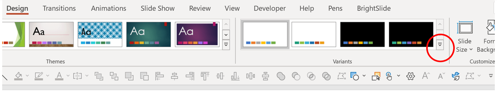 PowerPoint screenshot with circle around the dropdown arrow in the Design tab