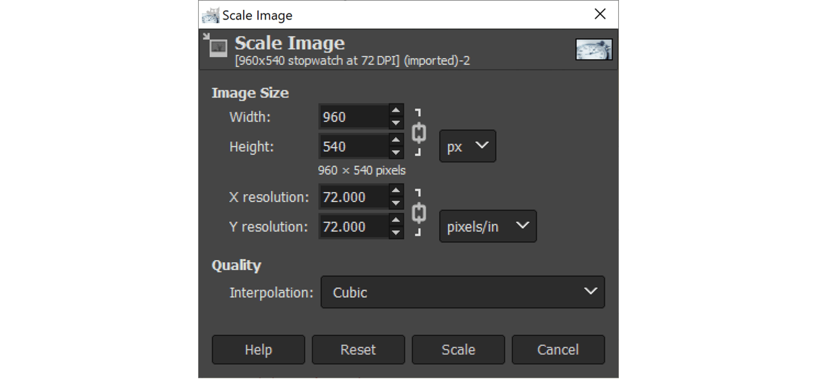 screenshot of GIMP scale settings