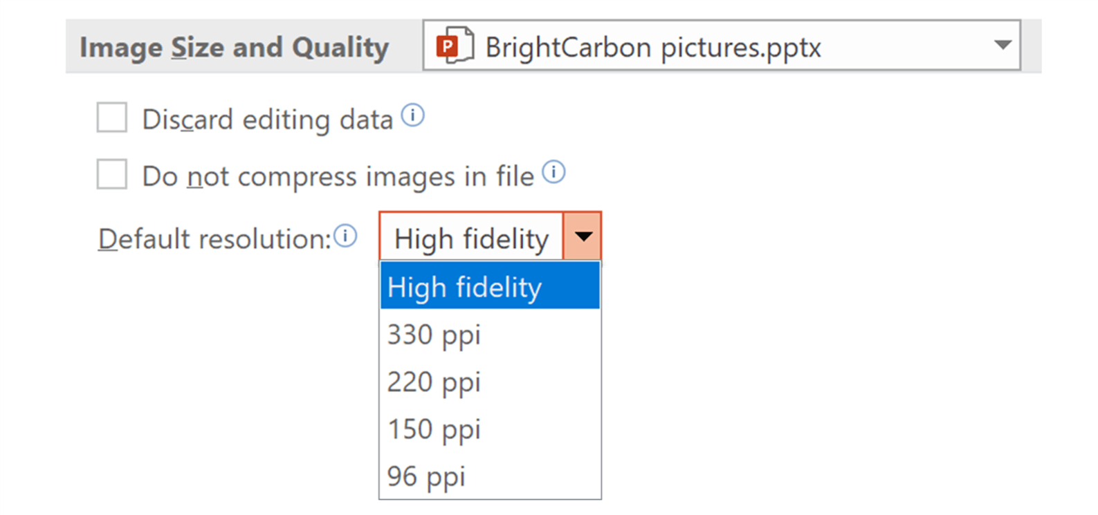 screenshot of PowerPoint default picture resolution