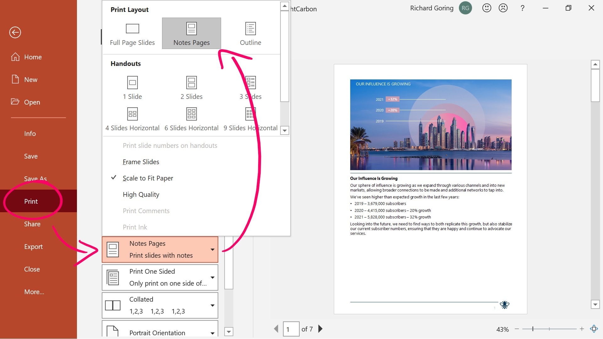 Screenshot of PowerPoint showing the Print Layout options. The screenshot is annotated with arrows pointing to the Notes Pages option. 