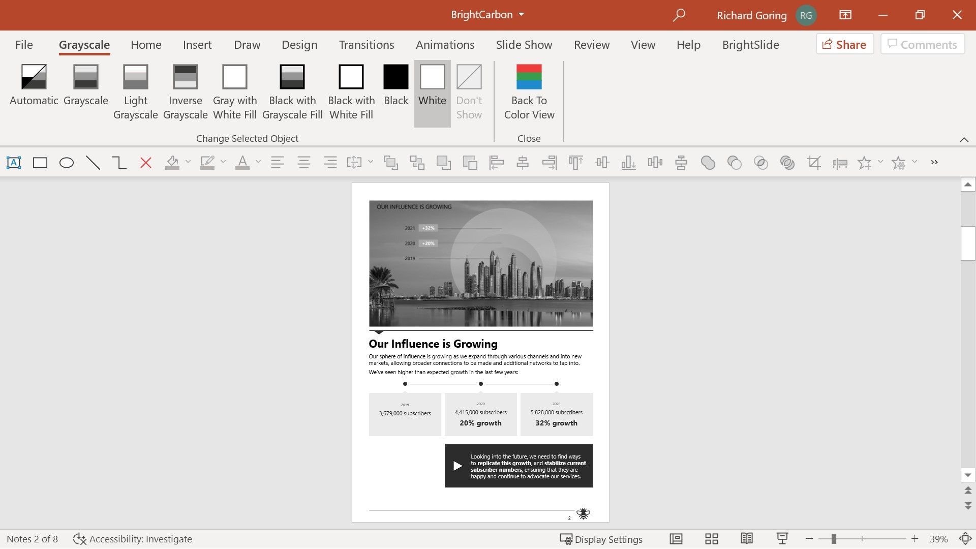 Screenshot of the notes page in earlier screenshots. The Grayscale tab is open and the notes page is in grayscale.