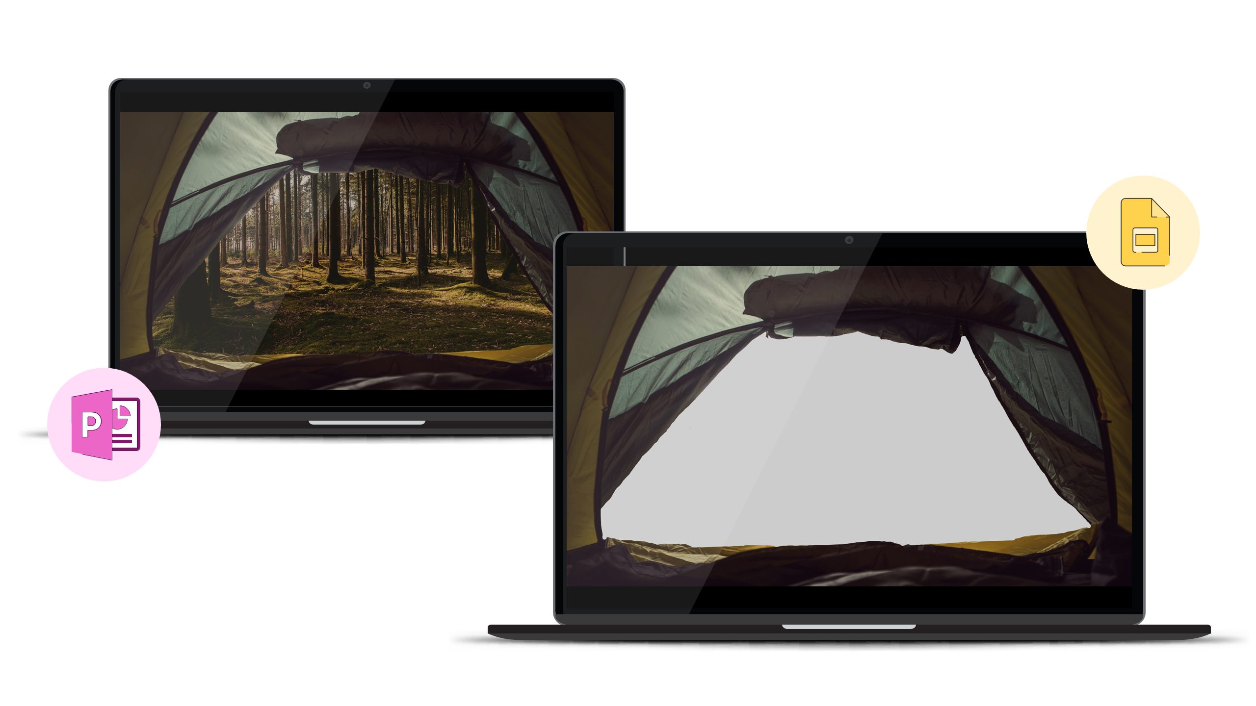 2 screenshots. The first shows a slide in PowerPoint with a composite image on. There is an image of a tent taken from the inside, the entrance has been cropped out and an image of a beautiful forest added in the gap. In the second screenshot, we can just see the image of the tent, with a blank space where the forest image should be.
