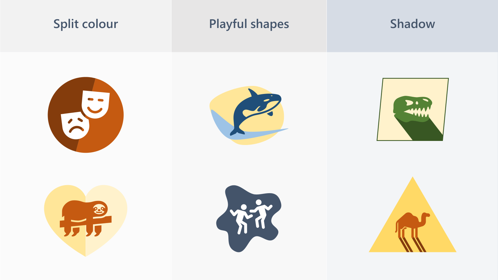 Examples of 3 types of icon style: split colour, playful shapes, shadow.