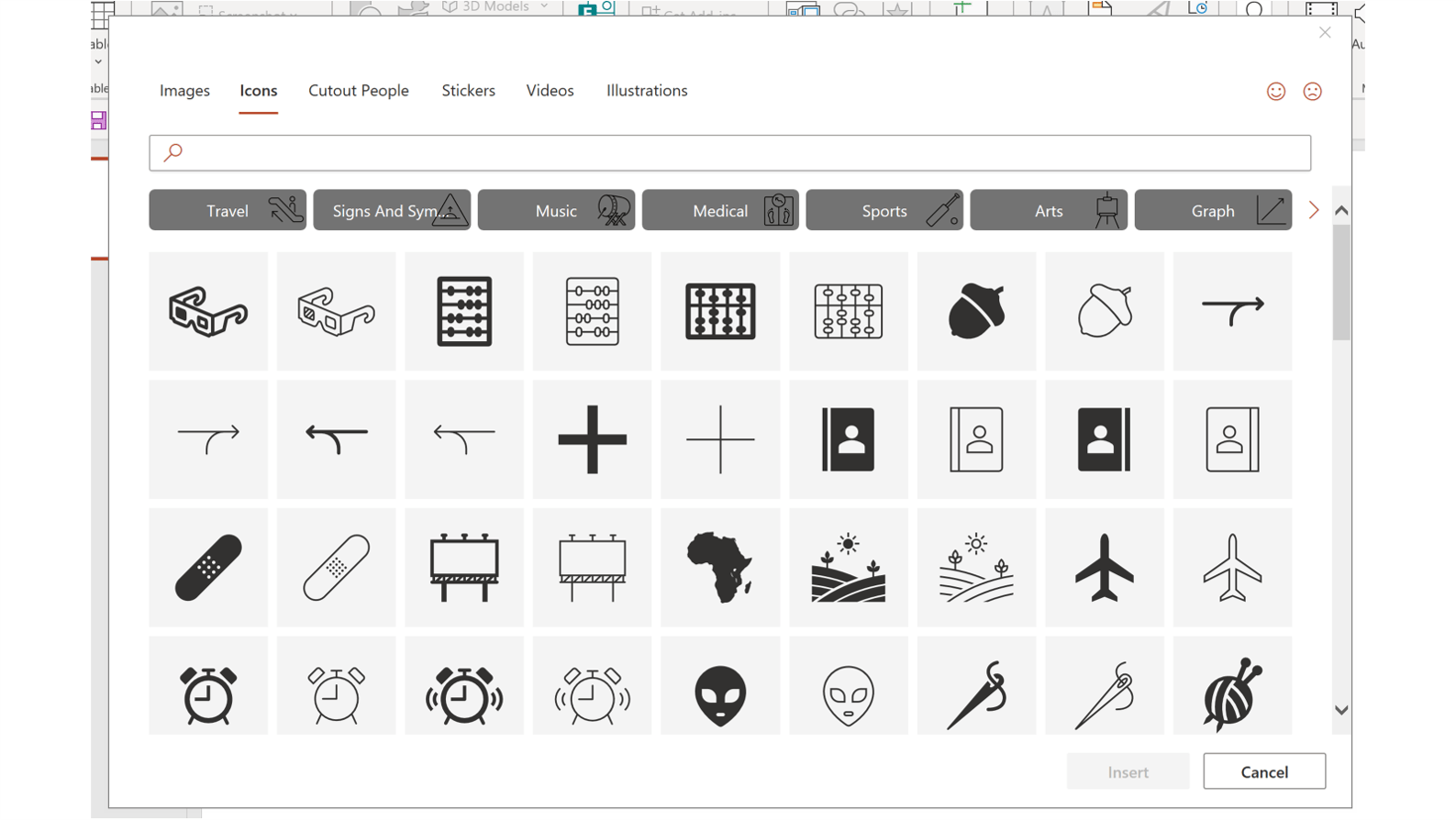 Screenshot of PowerPoint's insert icons pop up window