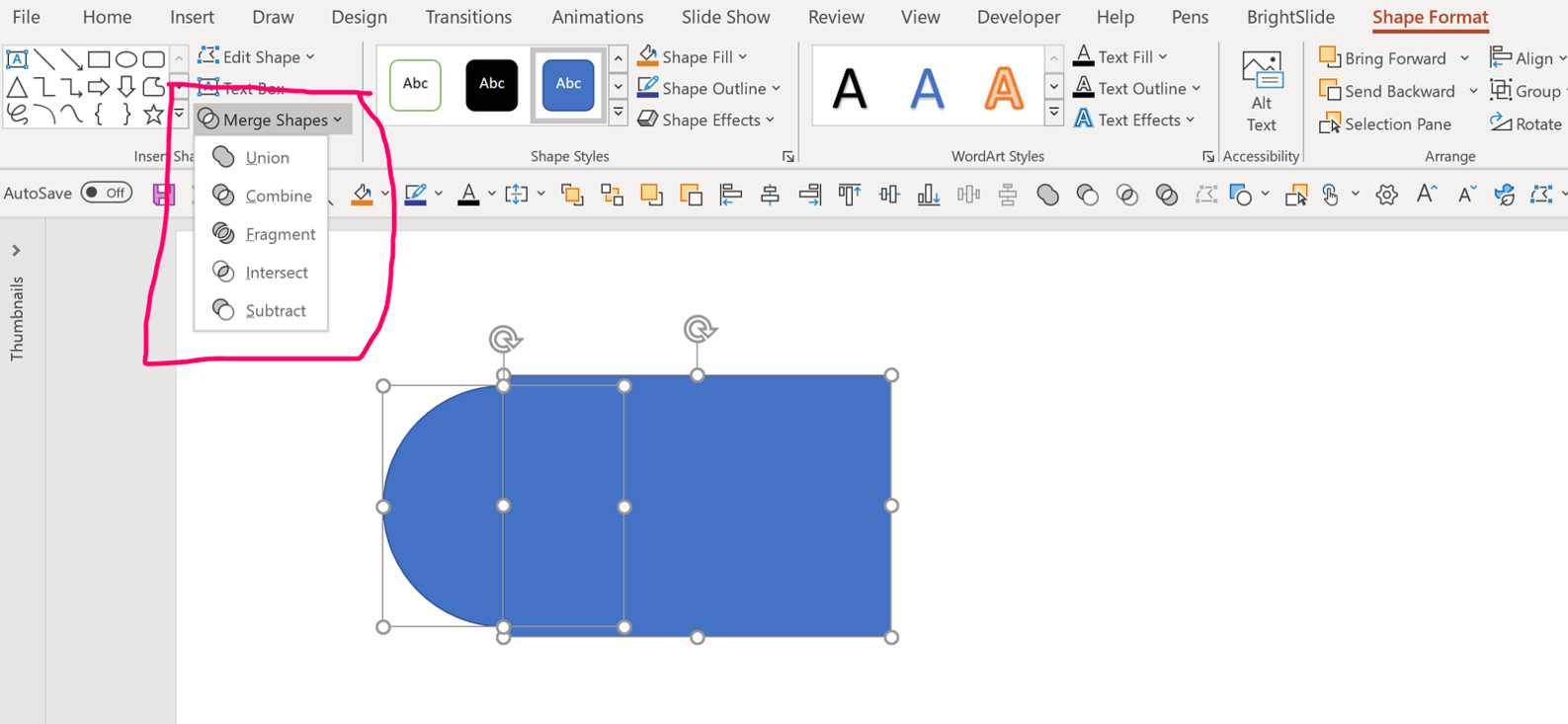 PowerPoint screenshot showing the Merge shapes tools