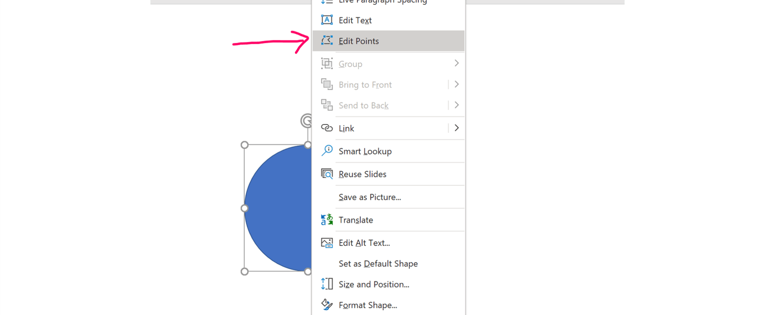 Screenshot of the right-click menu in PowerPoint showing where the Edit Points tool is located