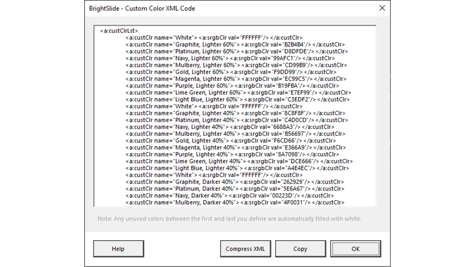 Screenshot of BrightSlide Custom Color XML Code