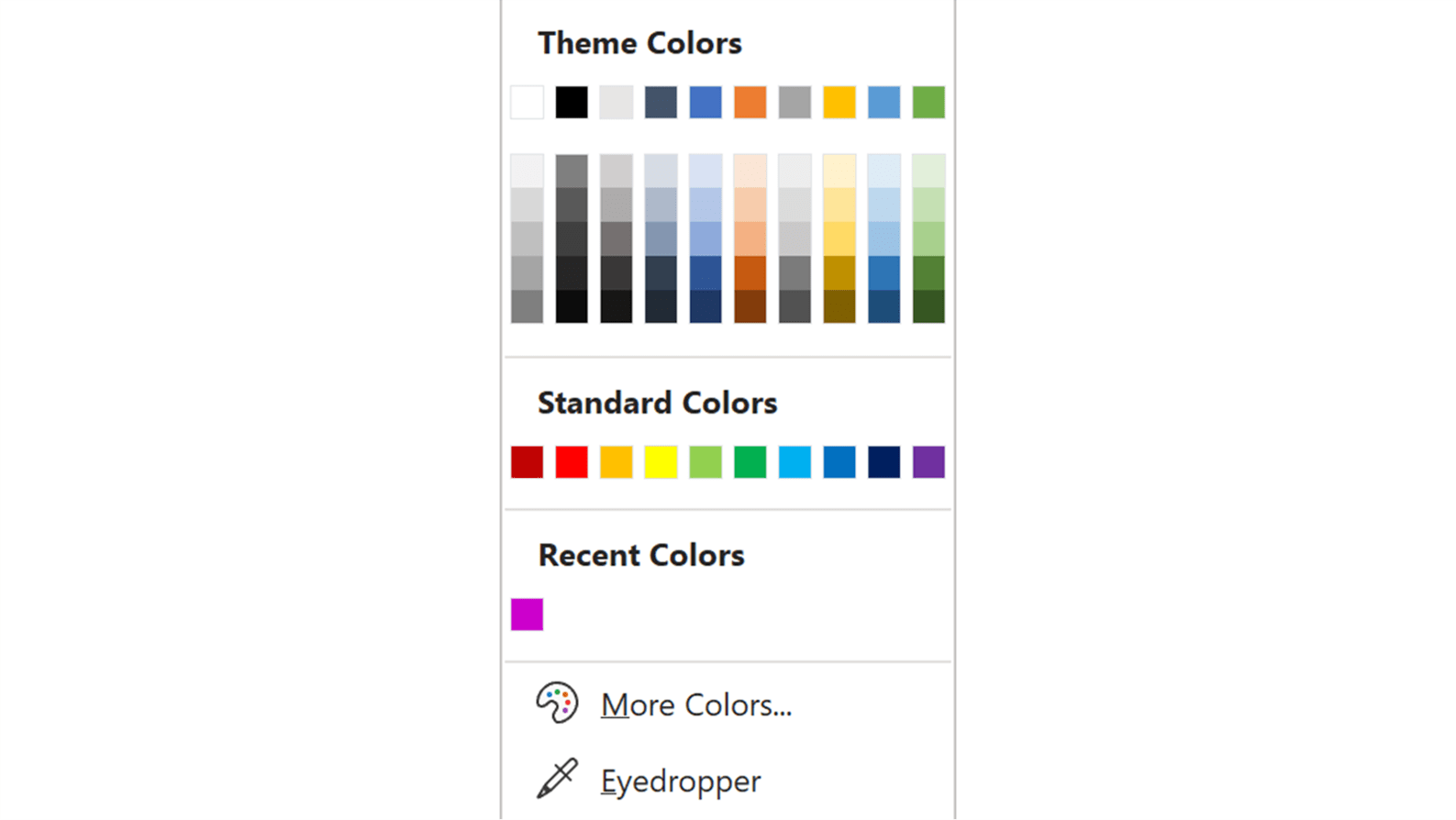 Screenshot of the Theme Colors panel in PowerPoint showing the Recent Colors section