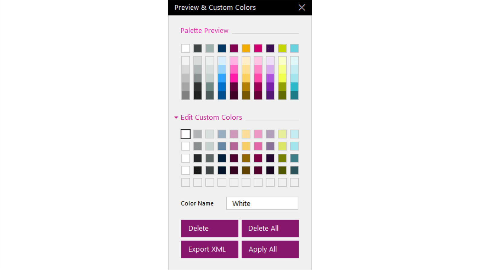 Screenshot of Preview & Custom Colors pop-up with completed custom colors panel.