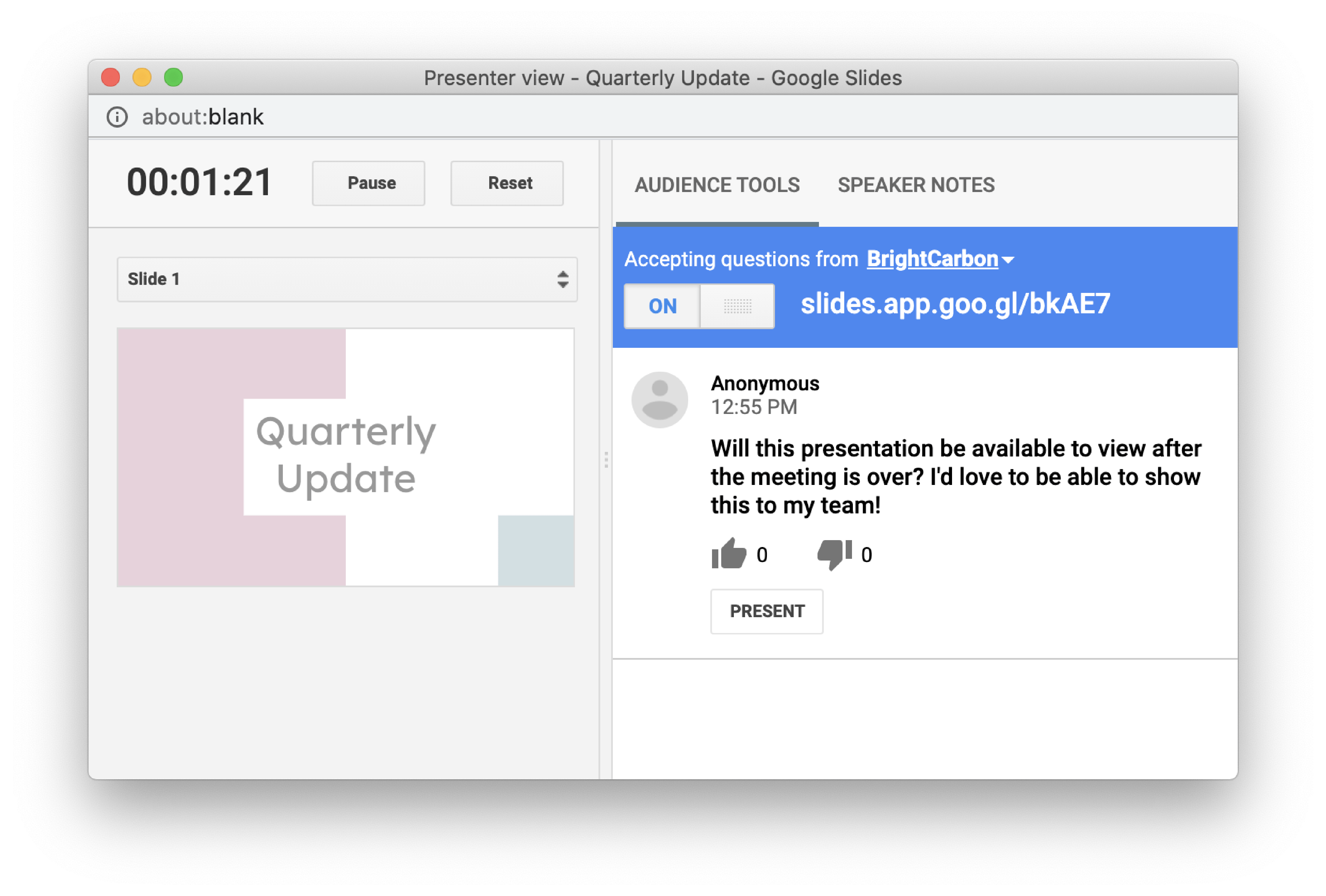 Screenshot of an audience question as it looks in Google Slides Presenter View