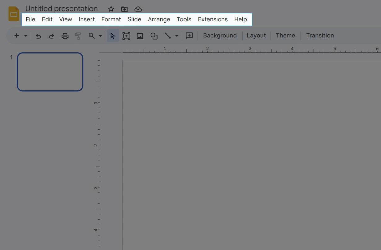 Screenshot highlighting the menu bar in Google Slides. The menu text shows, 'File, Edit, View, Insert, Format, Slide, Arrange, Tools, Extensions and Help' as options