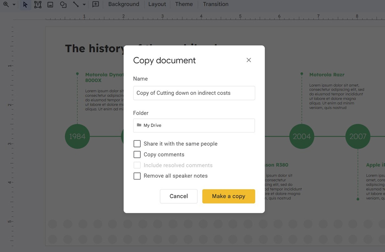 Screenshot of the 'Copy document' pop-out box in Google Slides