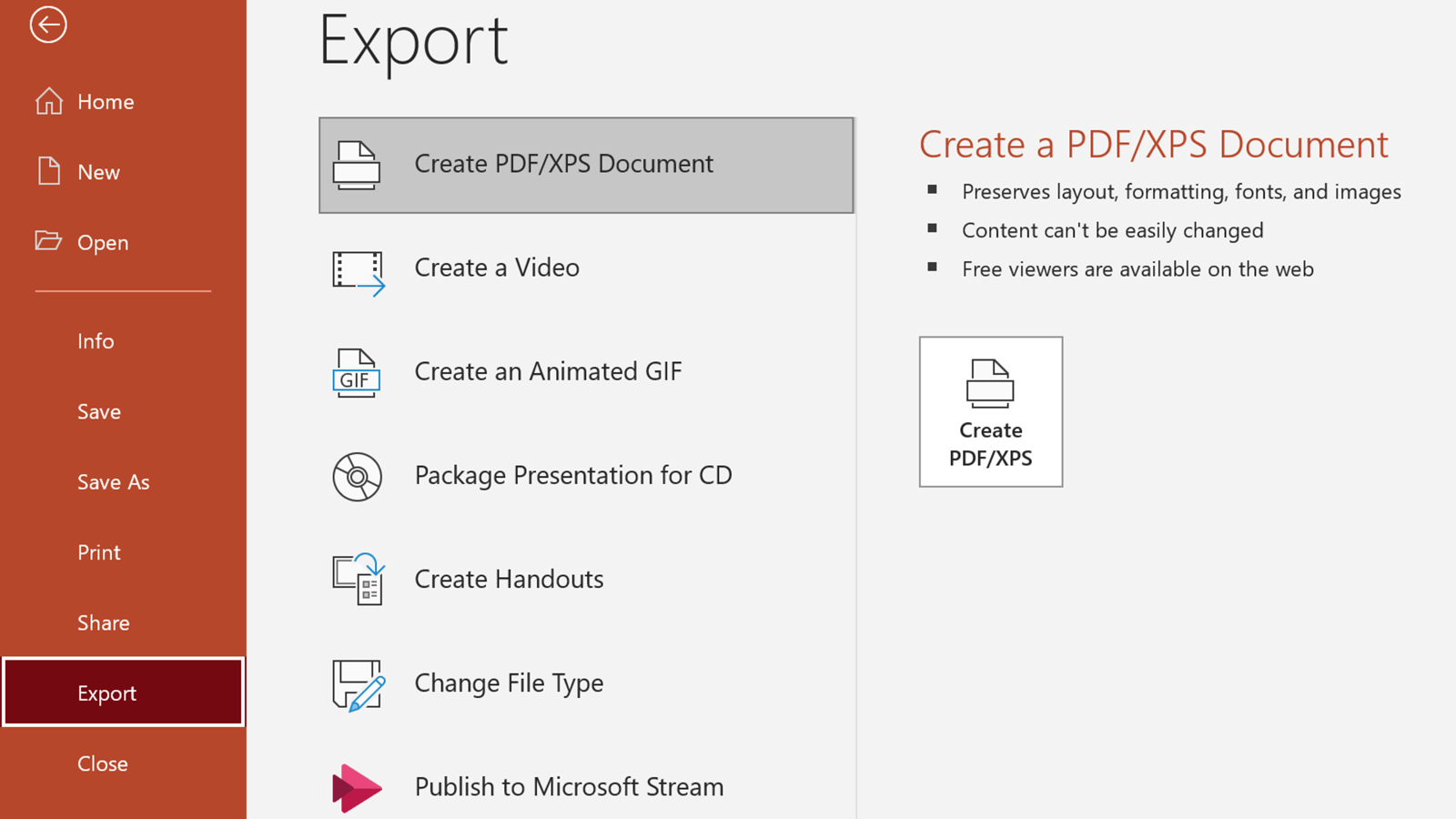 Screenshot of the PowerPoint Export tab. The first option is Create PDF/XPS Document