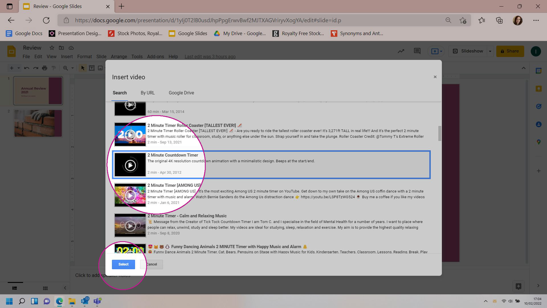 A screenshot showing the search results for the previous search term in the Google Slides Insert Video pop up. 