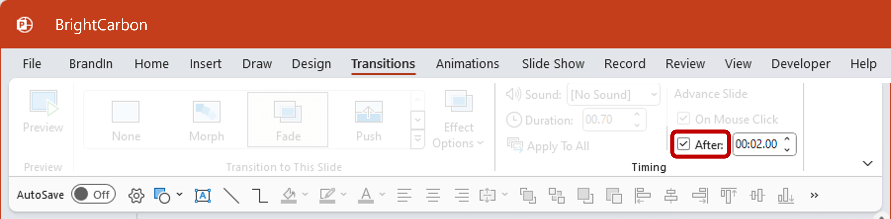 PowerPoint screenshot showing the transitions tab and Advance Slide After check box