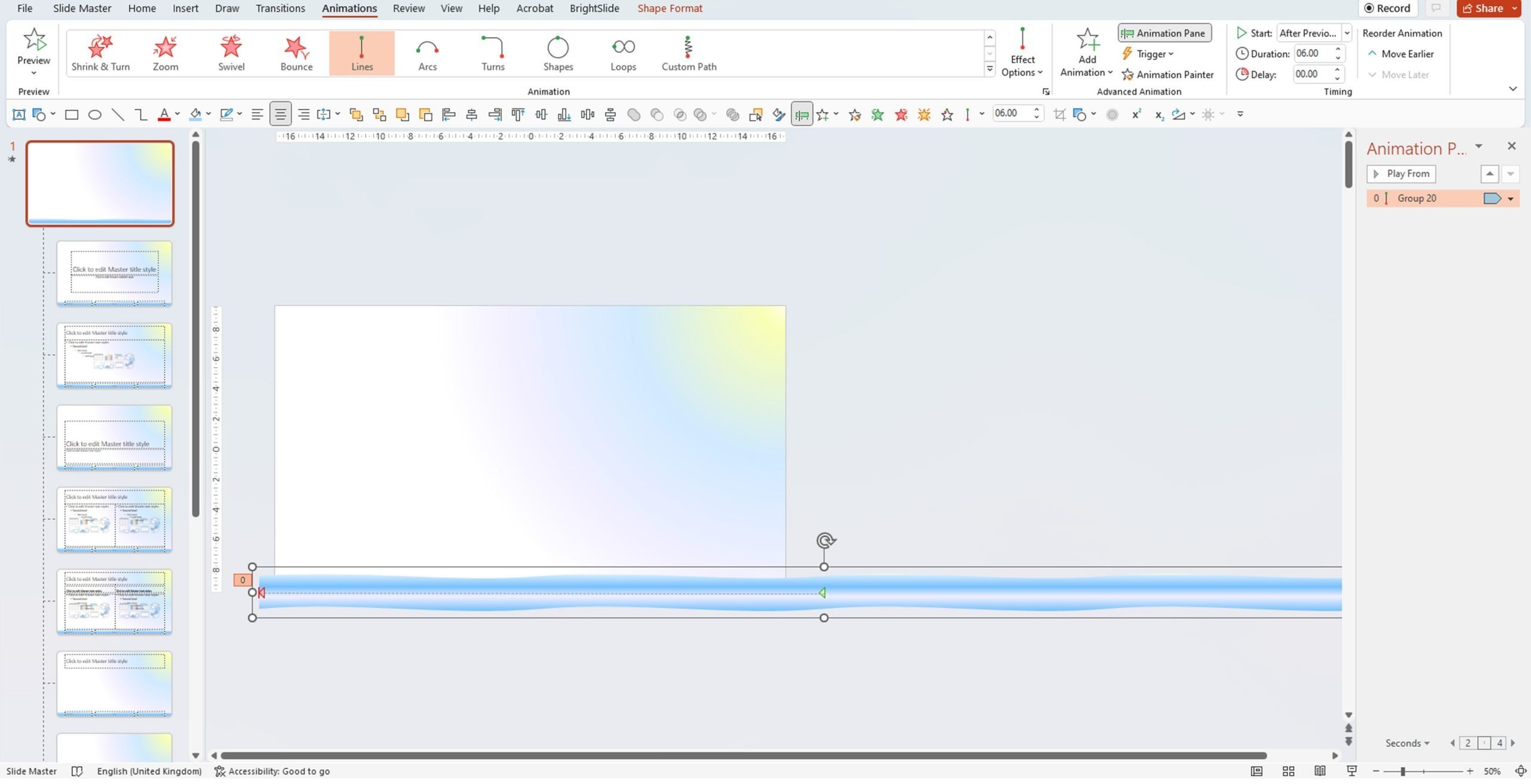 Screenshot of PowerPoint in slide masterview showing motion path applied to wave shape