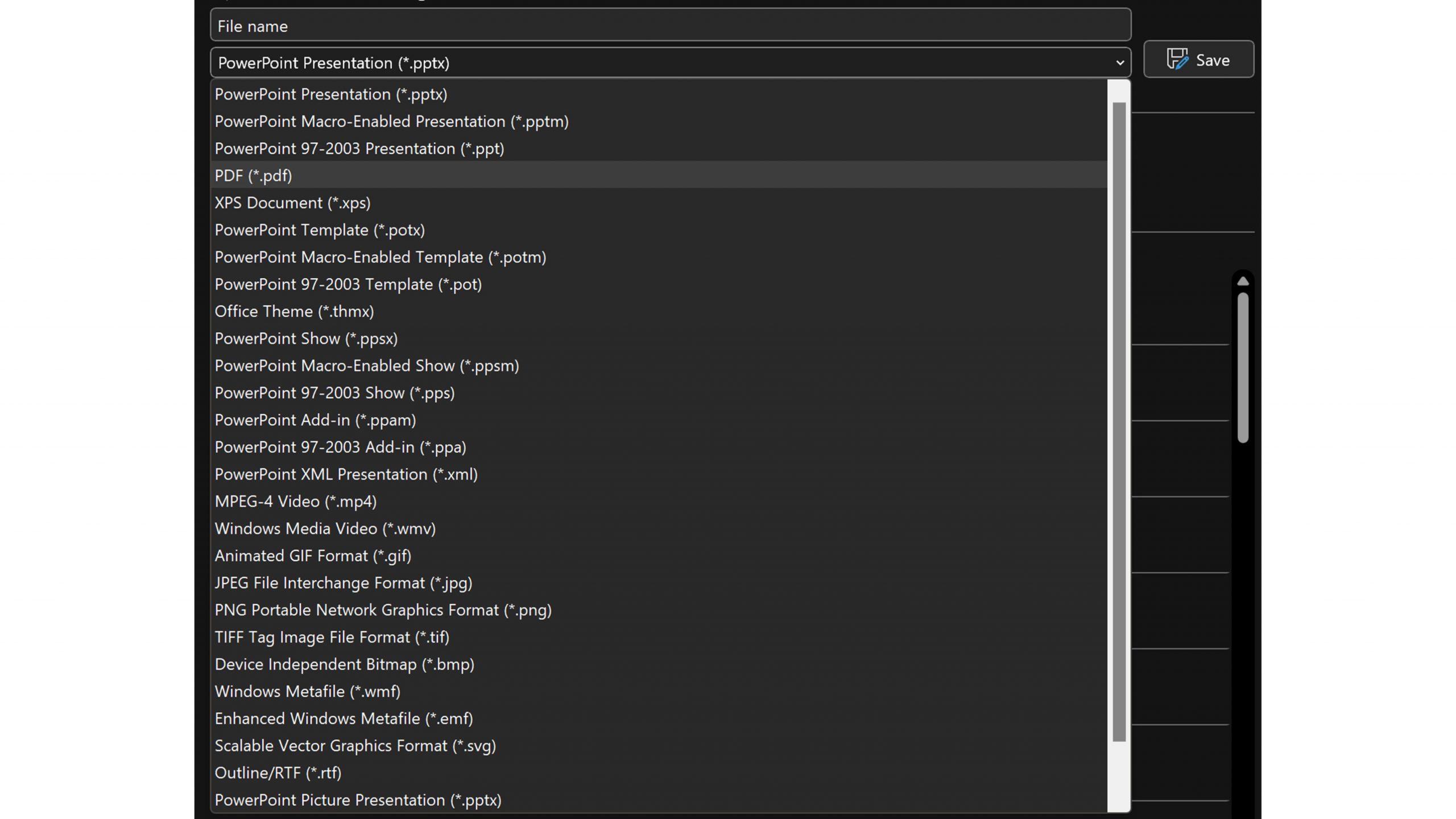 Screenshot of the drop down file type menu with .pdf selected 