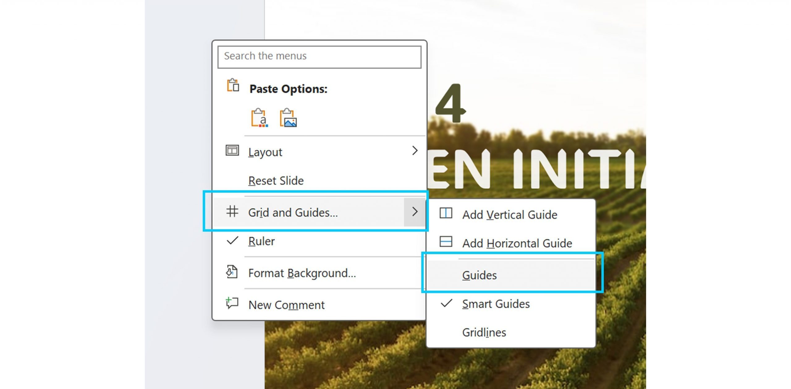 PowerPoint screenshot showing how to turn on Guides