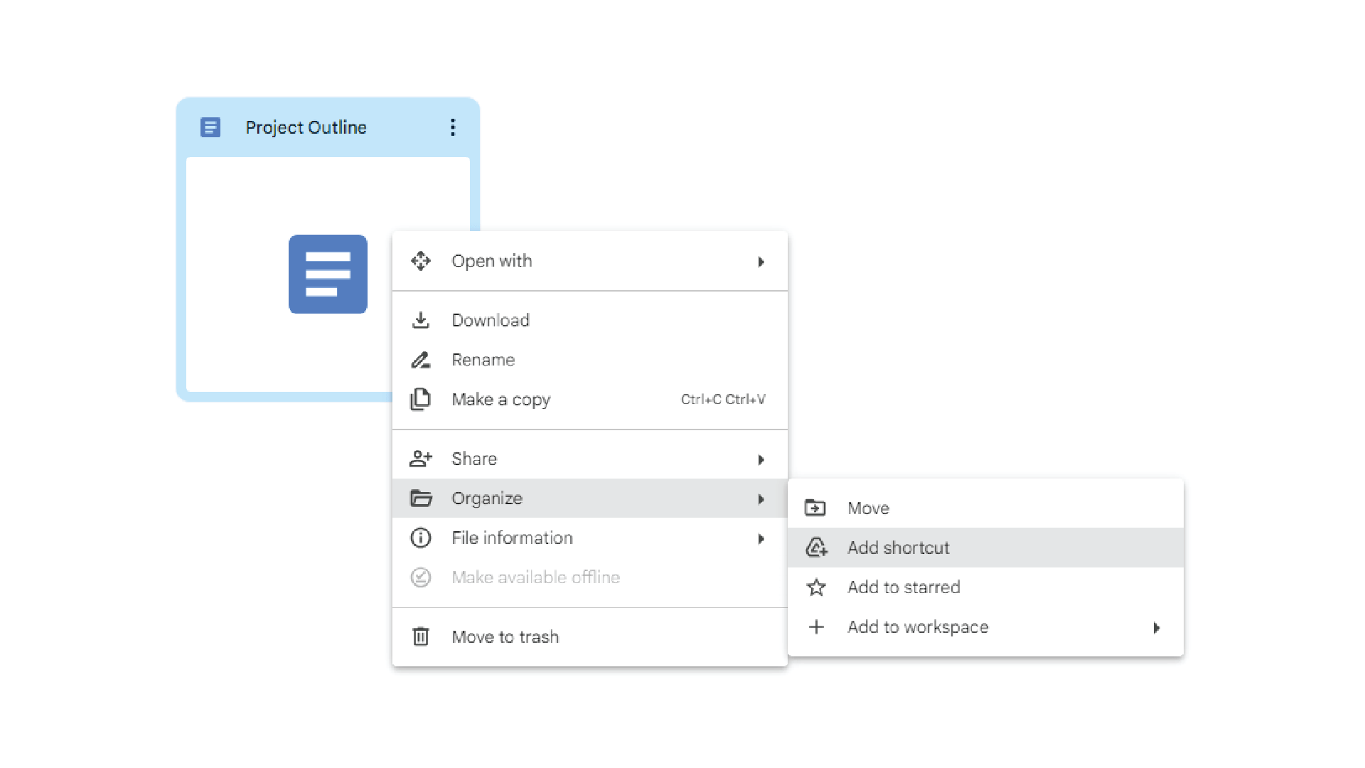 ALT  TEXT: Screenshot of a menu selecting organise then add shortcut