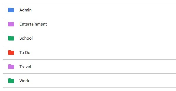 Screenshot of Google Drive with several differently colored folders
