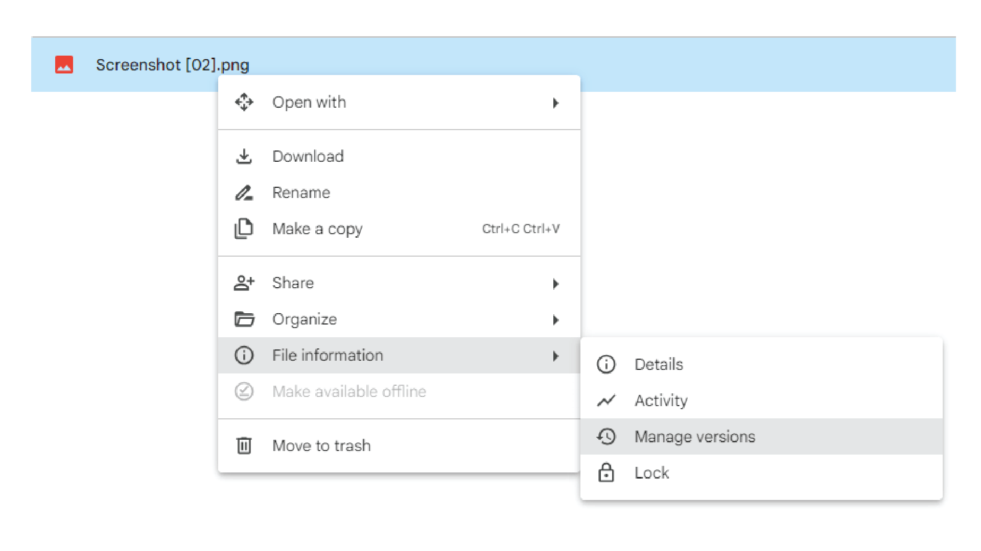 Screenshot of Google Drive with the options menu for managing versions