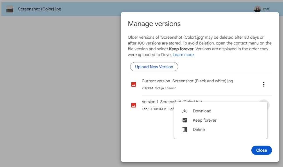 Screenshot of the window for managing file versions open, and the additional actions menu open for a previous version of the file