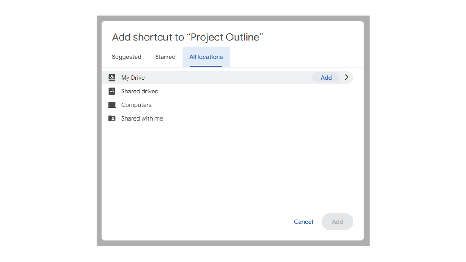 Screenshot of Google Drive with a menu for selecting a shortcut location