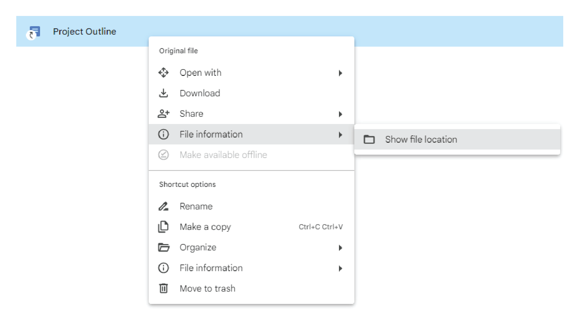 Screenshot of Google Drive with the options menu for showing a file location