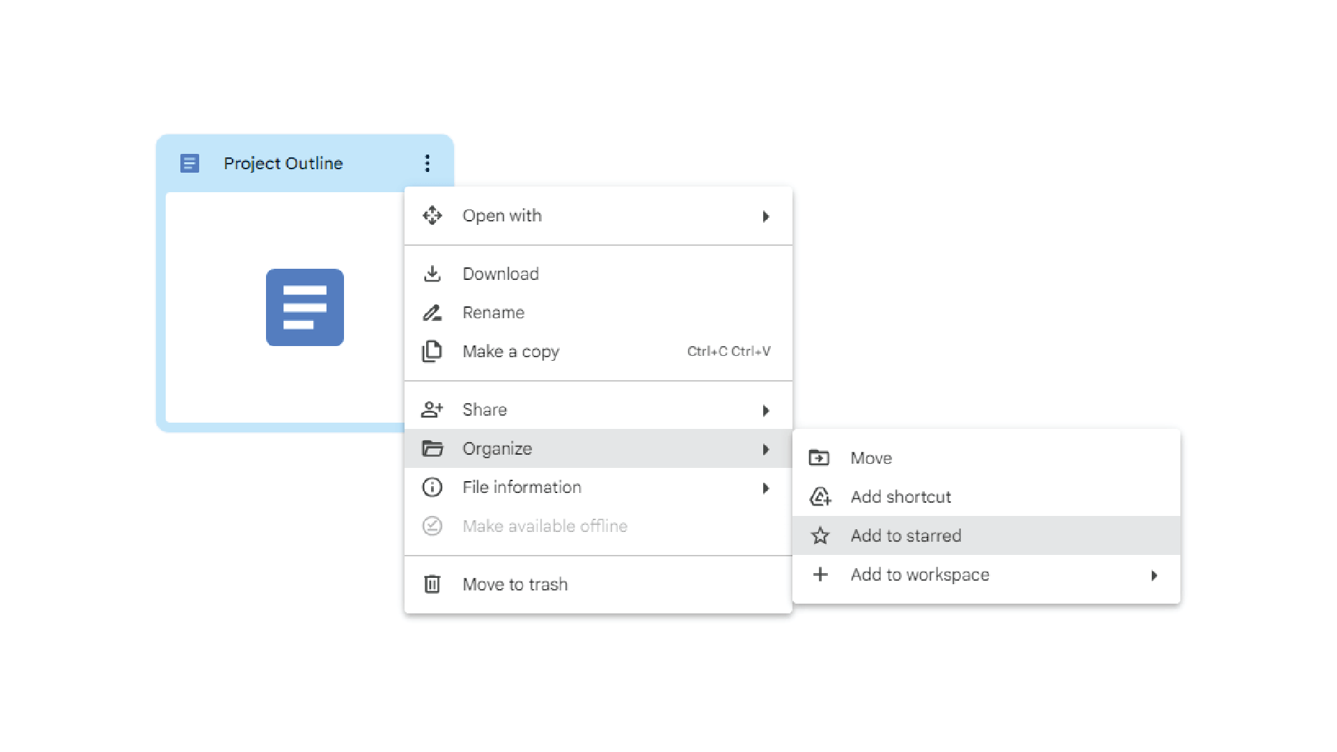 Screenshot of Google Drive with the options menu for adding a file to starred